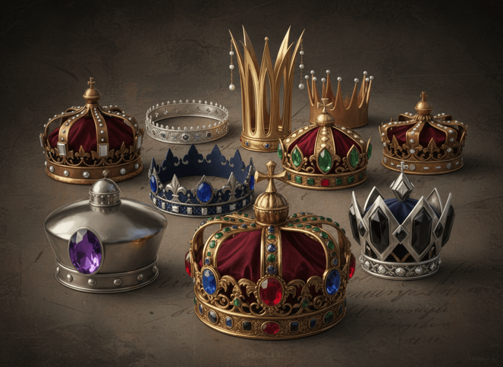 An artistic arrangement of 8 royal crowns in various sizes scattered across the image. The crowns vary in style — some ornate with jewels and filigree, some simple and bold, some tall and some short. Mix of gold, silver, and jewel-toned crowns with rubies, sapphires, and emeralds. Rich, regal aesthetic with a dark or parchment-colored background. The crowns are arranged in a visually pleasing array, overlapping slightly, facing different angles, giving a sense of abundance and royalty.